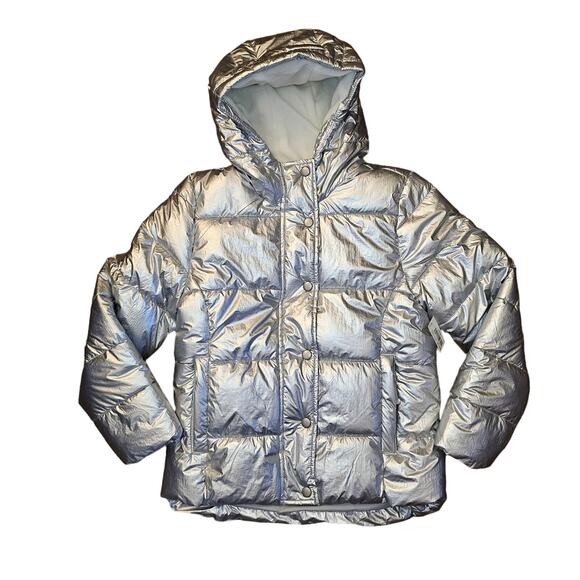Amazon Essentials Kids Heavyweight Hooded Puffer Jacket Size Med Metallic Silver - Picture 1 of 7